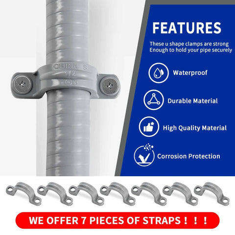 Flexible Liquid Tight PVC Electrical Conduit Kit 1/2-Inch Diameter with 7 Straps, Non-Metallic Grey, Waterproof Clamps