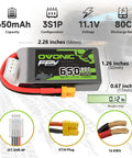 11.1V 650mAh 3S 80C LiPo Battery with XT30 Plug for RC cars, boats, trucks, helis, planes, quadcopters, drones; dimensions and features shown