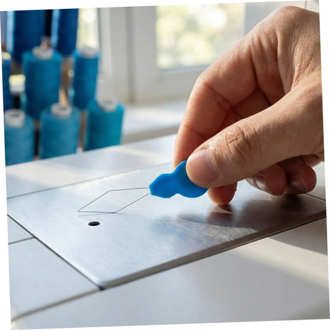 Portable Needle Threader Set For Hand Sewing And Machines Gourd Shaped Plastic Tool 100 Pcs Pack No Fuss Threading For Embroidery And DIY Crafts Cross Stitch Quilting On The Go Travel Friendly Use; hand using blue plastic threader on sewing machine