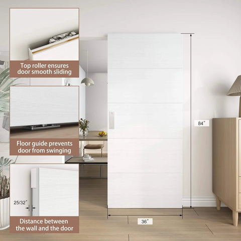36X84 White Concealed Sliding Barn Door With Hidden Rail And Soft Close Hardware Kit, flush floating look in living room setting