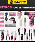 157 Piece Pink Cordless Drill Tool Set With LED Light And Variable Speed, includes drill, wrenches, and screwdrivers in pink.