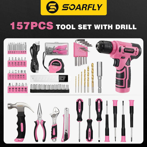 157 Piece Pink Cordless Drill Tool Set With LED Light And Variable Speed, includes drill, wrenches, and screwdrivers in pink.