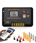 30A Solar Charge Controller With Bluetooth And Dual USB Ports for 12V and 24V, shown with app and installation kit