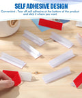 30 Pack 3x1 Inch Sneeze Guard Gripper Sign Holders With Adhesive For Desks, Shop Floor Displays, Wall Mounts, Store Vendor Events, Warehouse, Clear Great For Counters, Displays And Shelves On The Shop Floor. Self-adhesive clear plastic sign holders on a wooden counter