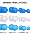Blue And White Hanging Round Paper Lantern Set - 24 Pack Multi-Size Lanterns (12in 6, 10in 6, 8in 6, 6in 6) on display