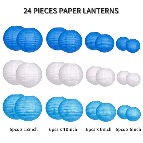 Blue And White Hanging Round Paper Lantern Set - 24 Pack Multi-Size Lanterns (12in 6, 10in 6, 8in 6, 6in 6) on display