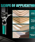 8 Piece Router Bit Set with 4 flush trim bits and 4 pattern flush trim bits, showing application on various wood boards.