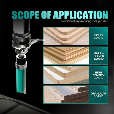 8 Piece Router Bit Set with 4 flush trim bits and 4 pattern flush trim bits, showing application on various wood boards.
