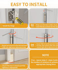 Diagram showing installation steps for adjustable tension door hinges with hex wrench
