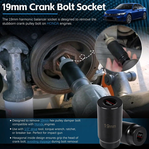 Honda 19mm Harmonic Balancer Socket Tool for Crank Bolt in use on engine with close-up of socket showing size and fit.