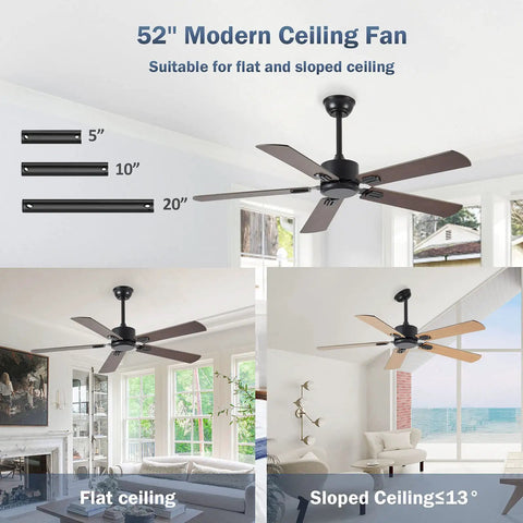 52 Inch Wood Dual Finish Ceiling Fan With Remote, Reversible DC Motor, installed in flat and sloped indoor ceilings.