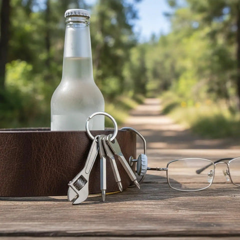 Go To Everyday Carry Keychain Multitool With Bottle Opener And Mini Wrench on table with glasses and bottle outdoors