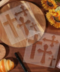 Super Sleek Acrylic Router Template For Woodworking And Charcuterie Boards Killer Cross Inlay Pattern Heavy Duty Routing Guide on wooden board.