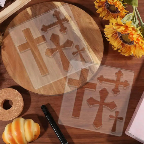 Super Sleek Acrylic Router Template For Woodworking And Charcuterie Boards Killer Cross Inlay Pattern Heavy Duty Routing Guide on wooden board.