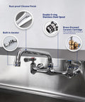 Sepaitek 8" Center Wall Mount Commercial Kitchen Sink Faucet with 10" Spout showing double o-ring stainless steel spout details.