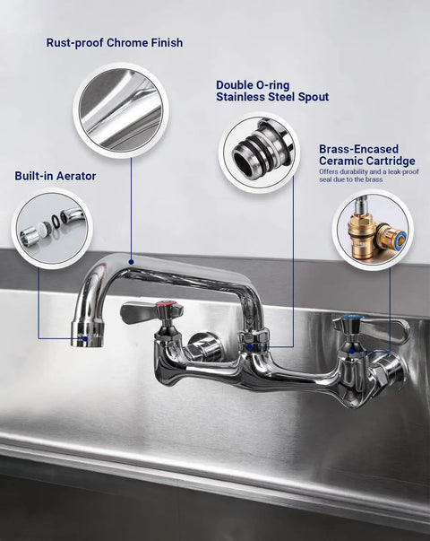 Sepaitek 8" Center Wall Mount Commercial Kitchen Sink Faucet with 10" Spout showing double o-ring stainless steel spout details.