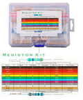 Resistor kit in clear case; 560 1/4W metal carbon film resistors, 1Ω–10MΩ, 56 values, 1% tolerance, color-code chart.