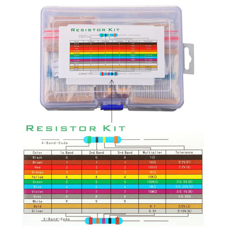 Resistor kit in clear case; 560 1/4W metal carbon film resistors, 1Ω–10MΩ, 56 values, 1% tolerance, color-code chart.