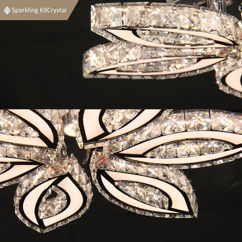 Close-up of 20 Inch Dimmable Modern Crystal Chandelier with LED Flower Design, K9 Crystal Pendant for Bedroom and Living Room.