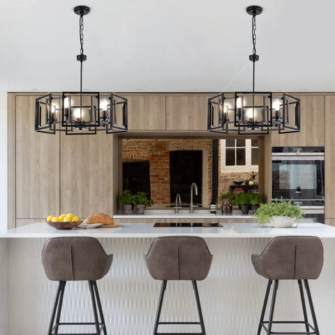 Industrial Style Chandelier With Matte Black Finish Geometric Shade Pendant Lighting Fixture installed over kitchen island