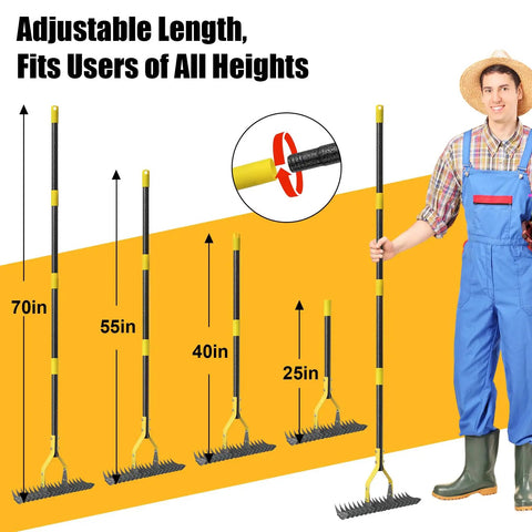 Various sizes of Heavy Duty Pro Grade Thatch Rake For Lawns 15 Inch Dual Action Dethatcher displayed with adjustable length description