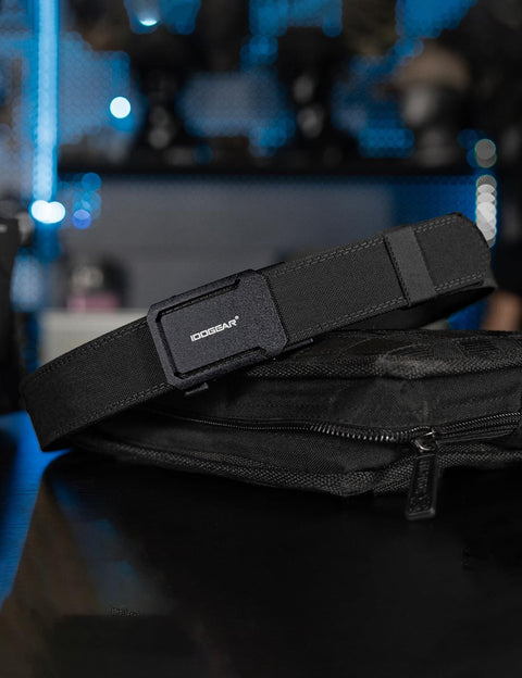 Go-To Quick-Adjust Tactical Ratchet Belt For EDC CCW And Duty Use Heavy-Duty 1000D Nylon Belt on black bag, black medium size