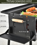 Foldable Charcoal Grill With Three Temperature Settings, Windproof Camping BBQ with skewers, temperature control lever visible