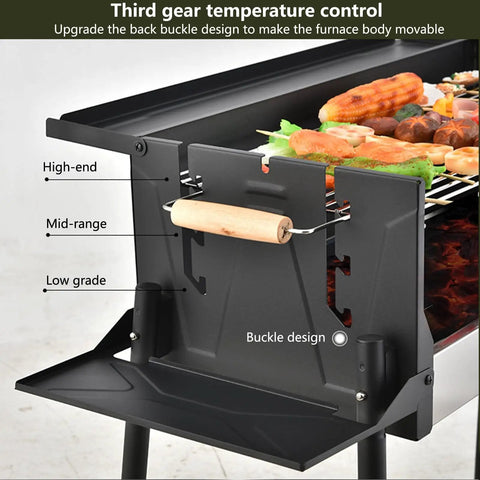Foldable Charcoal Grill With Three Temperature Settings, Windproof Camping BBQ with skewers, temperature control lever visible