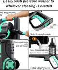 Collage image showing padded handle, child safety switch, thickened body, siphon hose, and touchscreen of 5000 PSI Electric Pressure Washer.