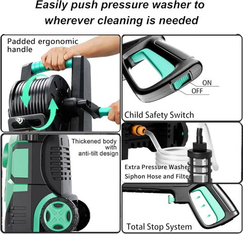 Collage image showing padded handle, child safety switch, thickened body, siphon hose, and touchscreen of 5000 PSI Electric Pressure Washer.