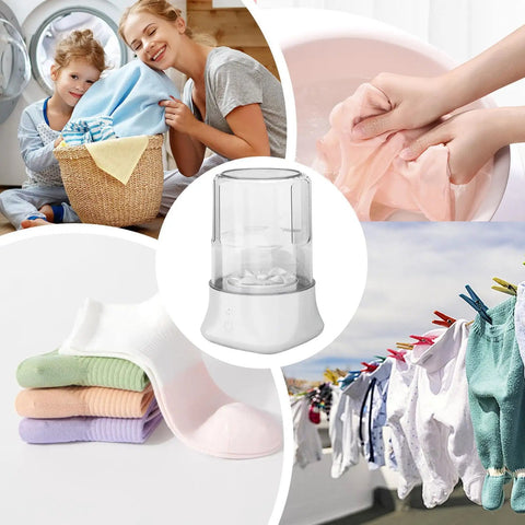 Portable Underwear Washer Mini Compact Laundry Device Built In Rechargeable Battery on display with clean socks and fresh laundry.