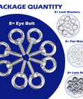 Set Of 8 M10 Eye Bolts With Nuts And Washers, 304 Stainless Steel Built Tough Heavy Duty Lifting Rings displayed with washers and nuts.