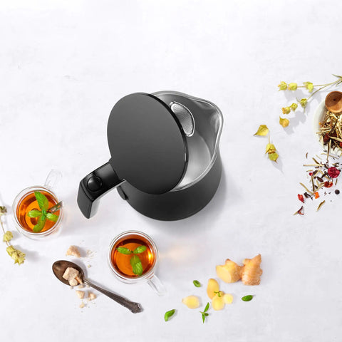 Top view of Enfinigy Cool Touch 1 Liter Electric Kettle Cordless Tea Kettle For Hot Water Black Compact with open lid.
