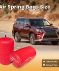 Front view: rear air spring bags suspension kit in red for 2010–2023 Lexus GX460 and Toyota 4Runner, OEM replacement, 2-pack