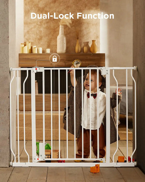 Adjustable Baby Gate For Stairs And Doorways From 29.5 To 41.3 Inches Wide, 30 Inches Tall, featuring dual-lock function.
