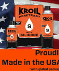 Silicone Enhanced Rust Penetrant For Frozen Metal Parts, Penetrating Lubricant Aerosol displayed with American flag backdrop.