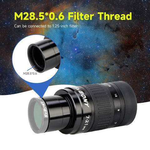 7-21mm Zoom Eyepiece For 1.25 Inch Telescopes with M28.5*0.6 filter thread showcased against starry background