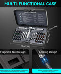 Open case of 40 In 1 Precision Magnetic Ratchet Screwdriver Set With Case And 40 Bits showing organized bit layout and locking design.