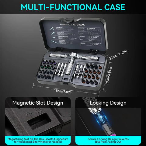 Open case of 40 In 1 Precision Magnetic Ratchet Screwdriver Set With Case And 40 Bits showing organized bit layout and locking design.