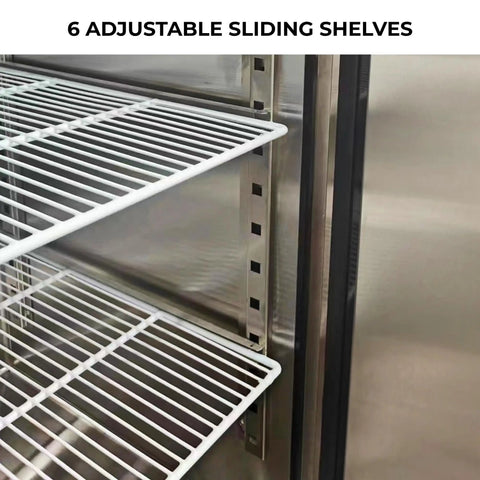 Top Shelf Heavy Hitter 49 Cu Ft Commercial Freezer And Fridge, showing 6 adjustable sliding shelves in stainless steel cooler.