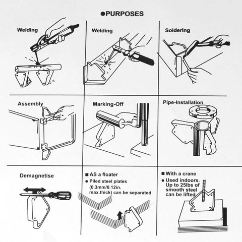 Magnetic welding holder kit usage guide for welding, soldering, assembly, marking off, and pipe installation illustrations.