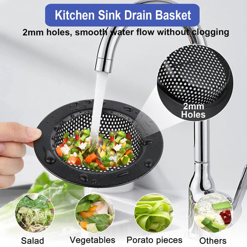 3 Pack Stainless Steel Kitchen Sink Drain Strainers With Black Powder Coat Finish Anti Clogging Basket Stopper Set For Kitchen Sinks Durable Rust Resistant Replacement Safe Edges And Easy Clean in sink with running water and vegetables