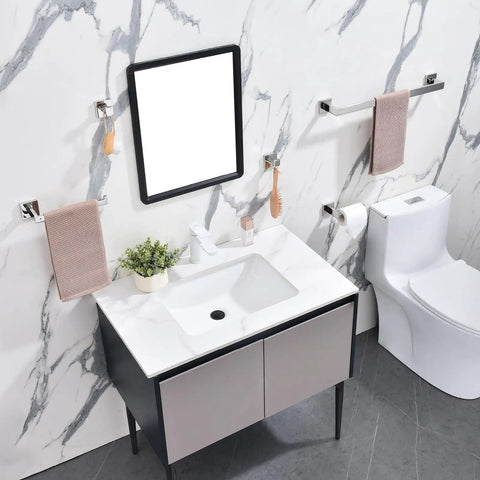 Bathroom showcasing Slick Matte Black 5 Piece Bathroom Hardware Set Stainless Steel Wall Mounted Kit with towels and toilet paper holder.