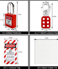 Lockout Tagout Kit With Ten Numbered Padlocks, Three Hasps, Thirty Tags, And Thirty Yellow Nylon Cables, Transparent Lockable Cover For Easy Access, Dustproof Safety Station components with dimensions.