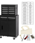 Rolling Tool Chest With Five Lockable Drawers, Smooth Action Slick Wheels, Includes 154 Piece Socket Wrench Kit, Detachable Top Box For Jobsite Hauling, Heavy Duty Black Steel Mechanic Toolbox with assorted tools.