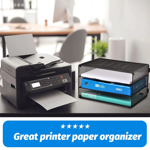 Three Tier Mesh Desk Organizer Tray That Keeps Your Desk Neat For Files Folders And Mail Sorting next to a printer in an office