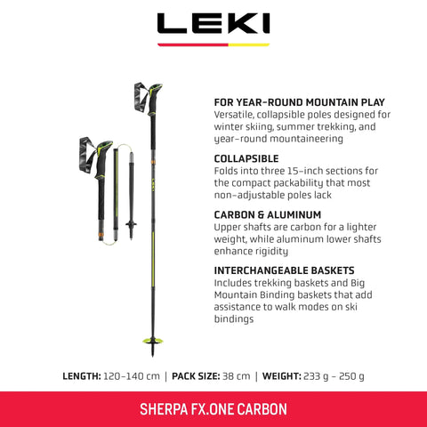 Sherpa FX One Carbon Collapsible Trekking Poles in Carbon Yellow White, 125 cm, for Backcountry Skiing, Hiking, and Mountaineering