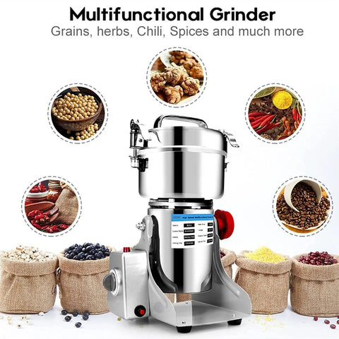 Stainless Steel Electric Coffee Grinder For Home Use And Spice Mill with grain and spice icons around.