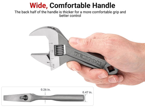 Person holding Six Inch Adjustable Wrench With One And A Half Inch Jaw Capacity Laser Engraved Scales For Quick Readouts Smooth Low Pitch Worm Gear