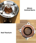 Solid Single Dose Coffee Grinder Featuring 63Mm Red Titanium Conical Burrs And Plasma Ionizer showing internal 63mm conical burrs.